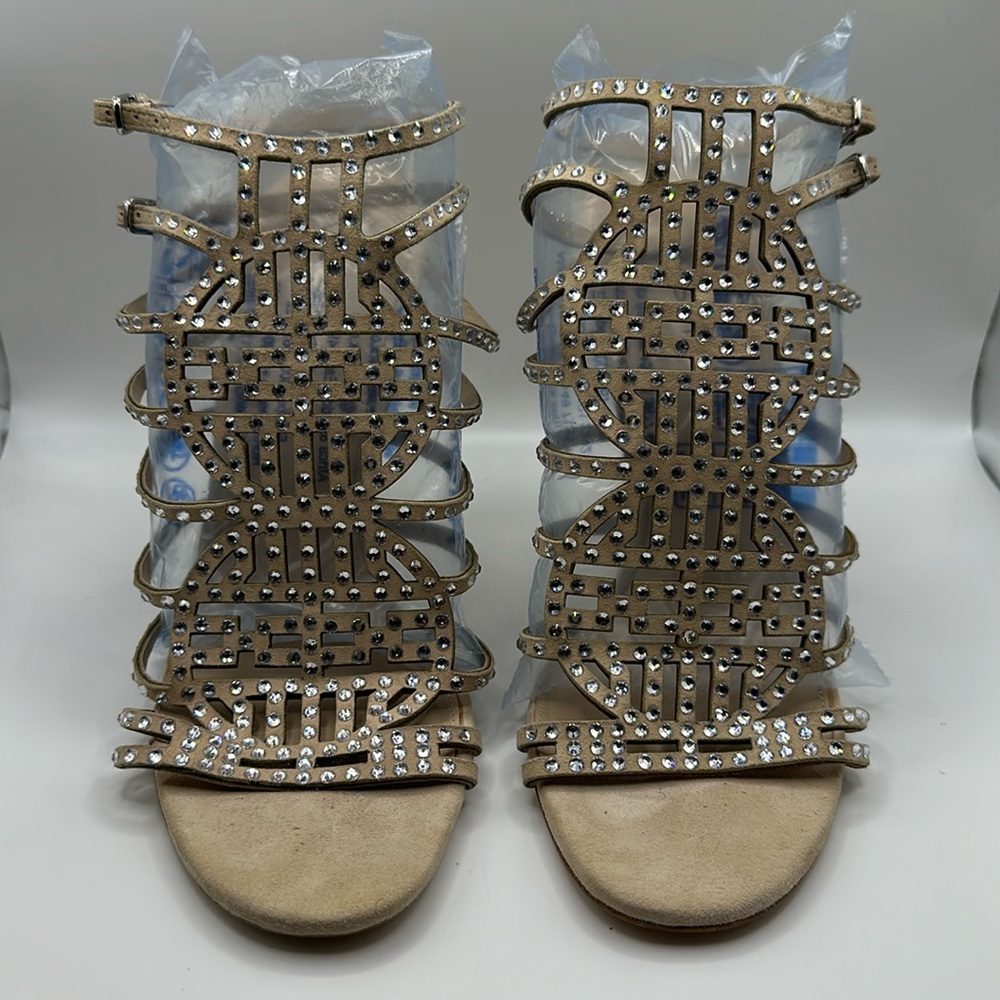VIA SPIGA Beige Suede Rhinestone Multi-Strap Ankle Sandal